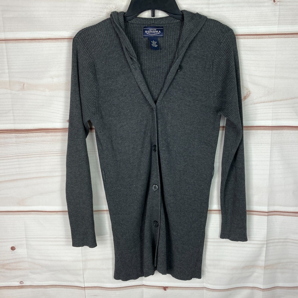 Sonoma Sweater Womens Small Gray Button Up Cardigan Hooded Rib Knit Tunic Solid